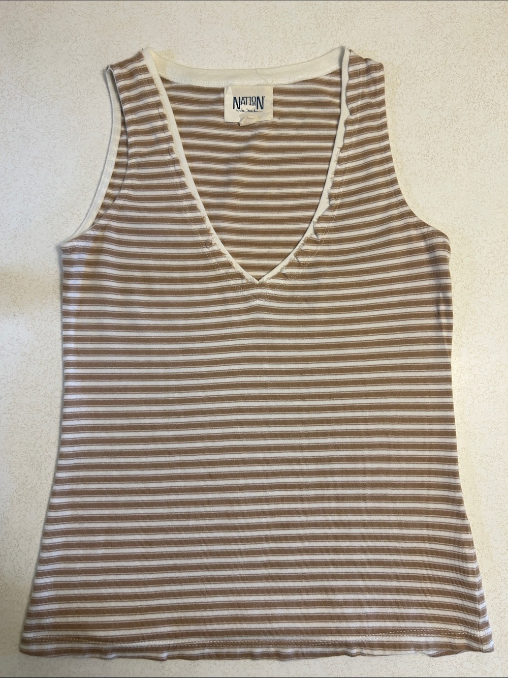 Tan & White Striped V-Neck Tank Top